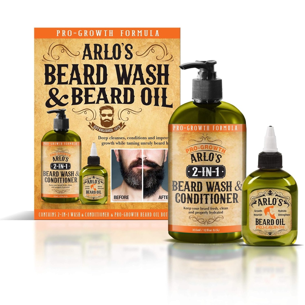 Arlo's 2-in-1 Pro-Growth Beard Wash and Conditioner 12 oz with Pro-Growth Beard Oil 2-PC Kit