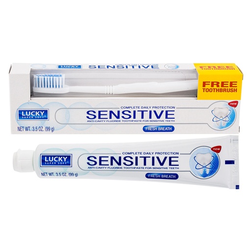 Lucky Super Soft - Sensitive Anti-Cavity Fluoride Toothpaste - 3.5oz/99g + Free Toothbrush